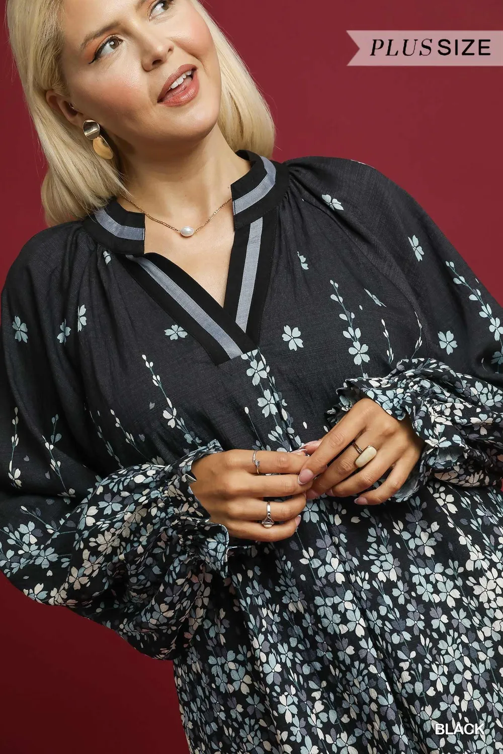 Full Size Floral Vine Print Blouse with Balloon Sleeves Plus Size, image 6