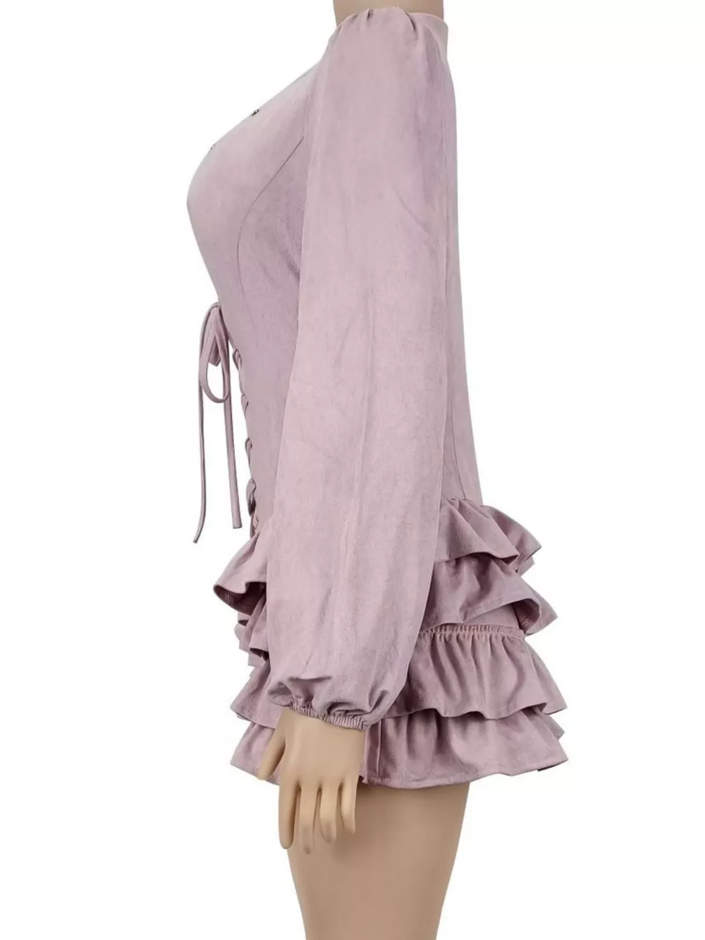Lace-Up Ruffle Hem Long Sleeve Mini Dress, image 7
