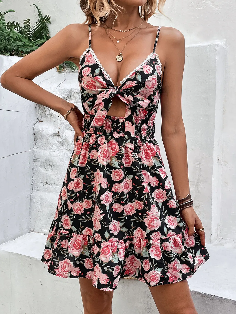Tied Rose Print Spaghetti Strap Dress, image 3