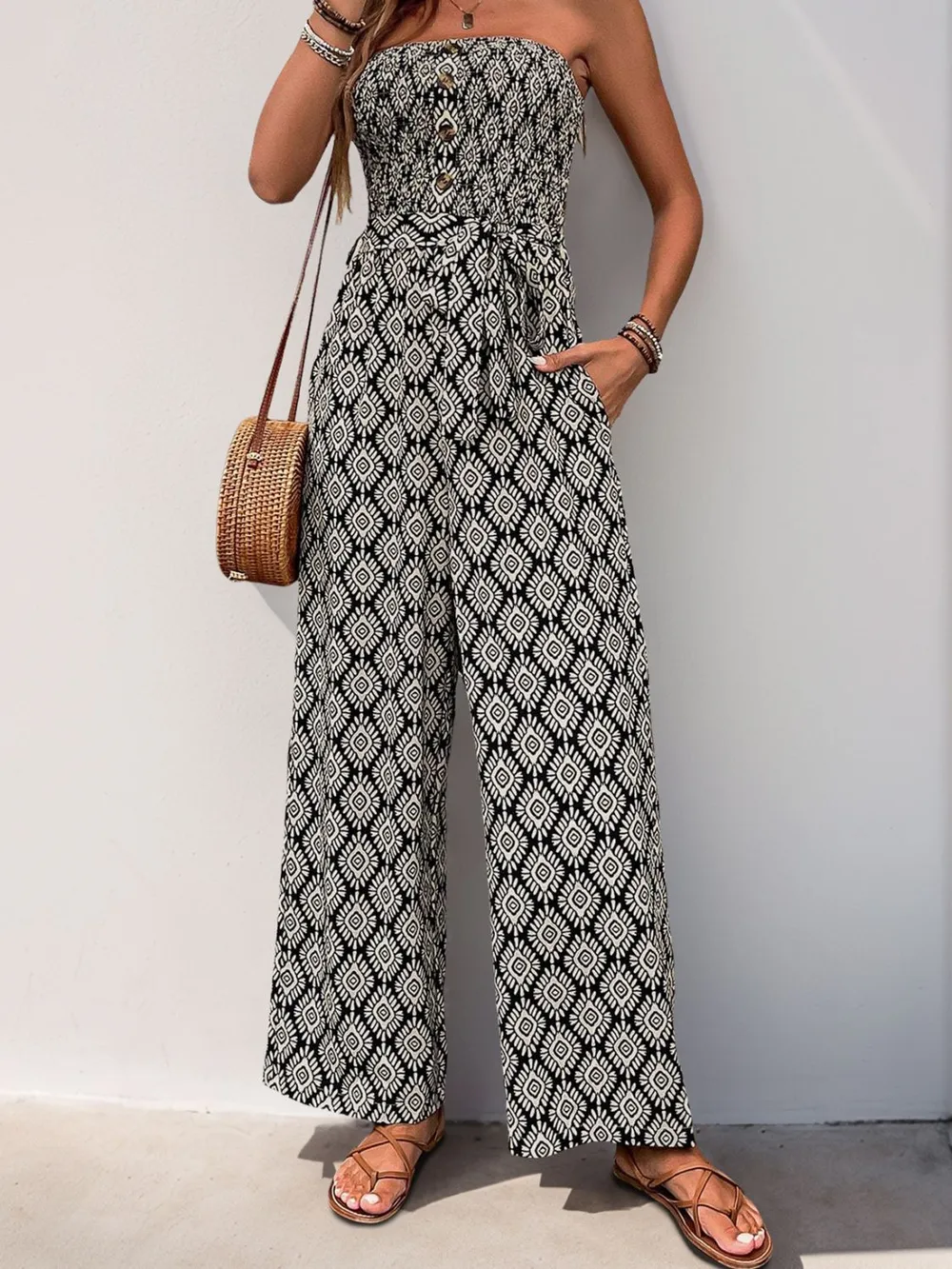 Printed Smocked Sleeveless Jumpsuit, image 3