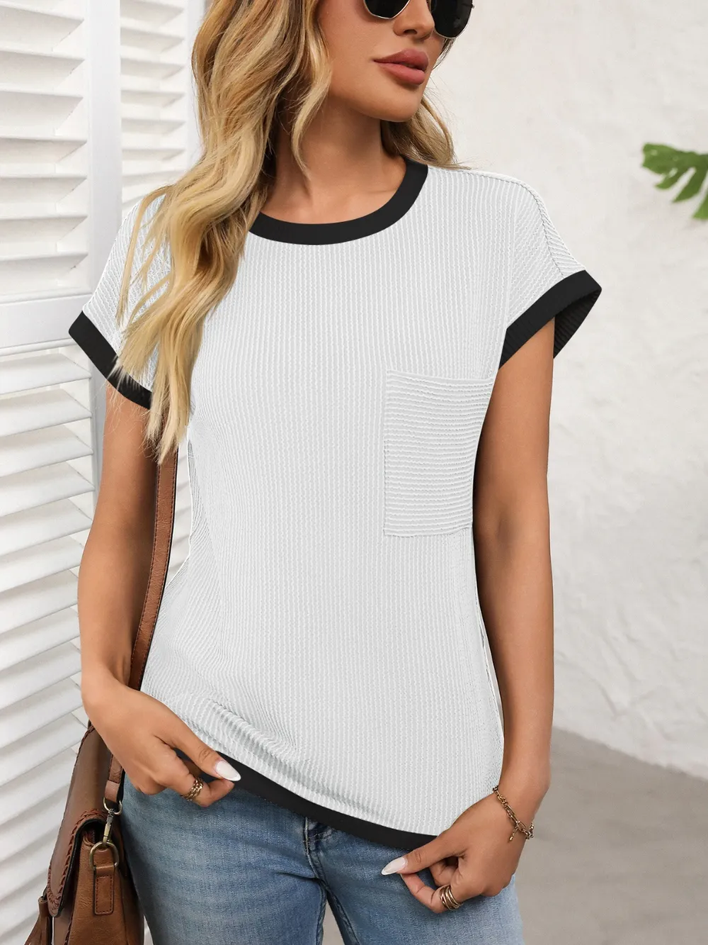 Contrast Trim Round Neck Short Sleeve T-Shirt, image 14