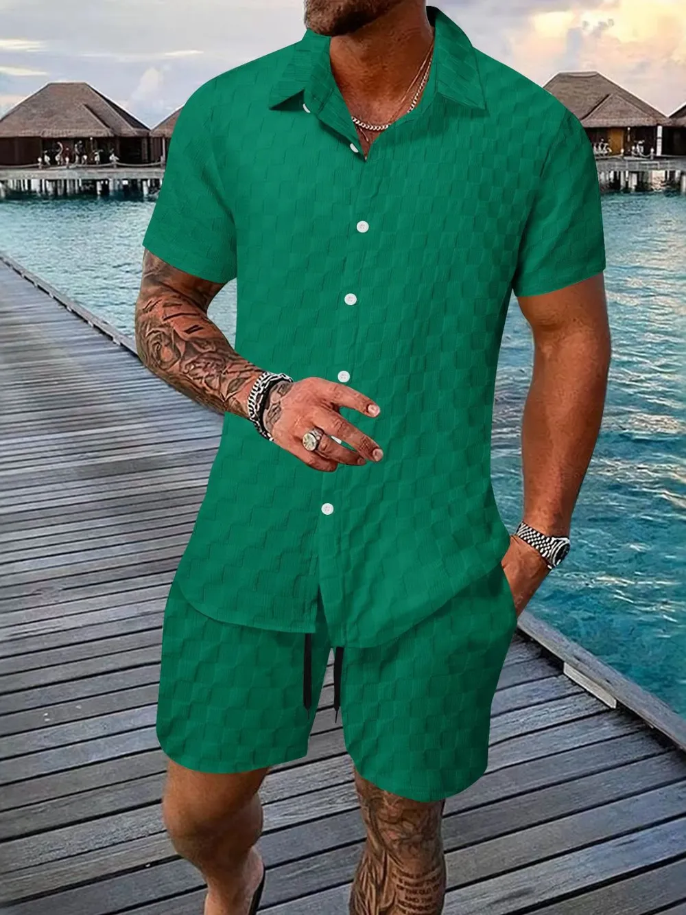 Men's Full Size Collared Neck Short Sleeve Top and Shorts Set Plus Size, image 2