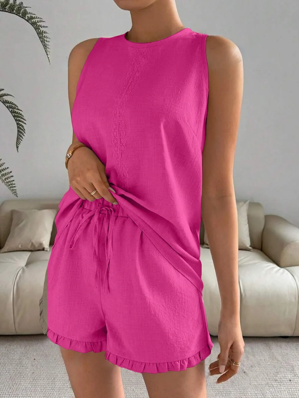 Lace Detail Round Neck Tank and Shorts Set, image 7