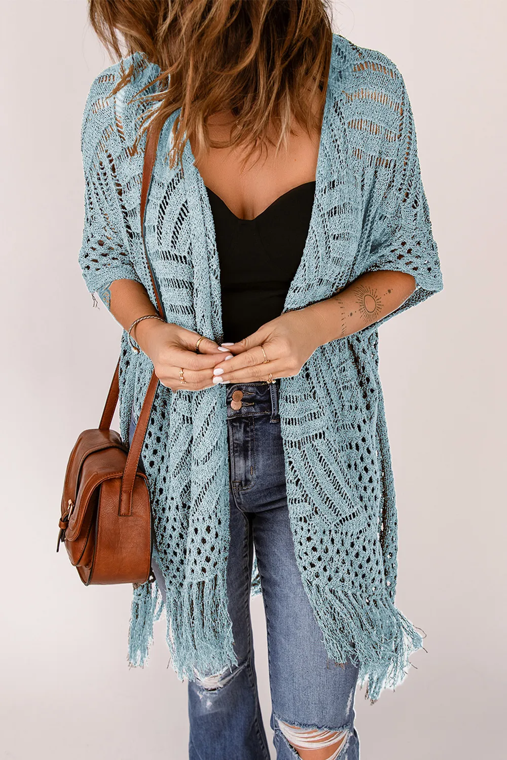 Openwork Open Front Cardigan with Fringes, image 11