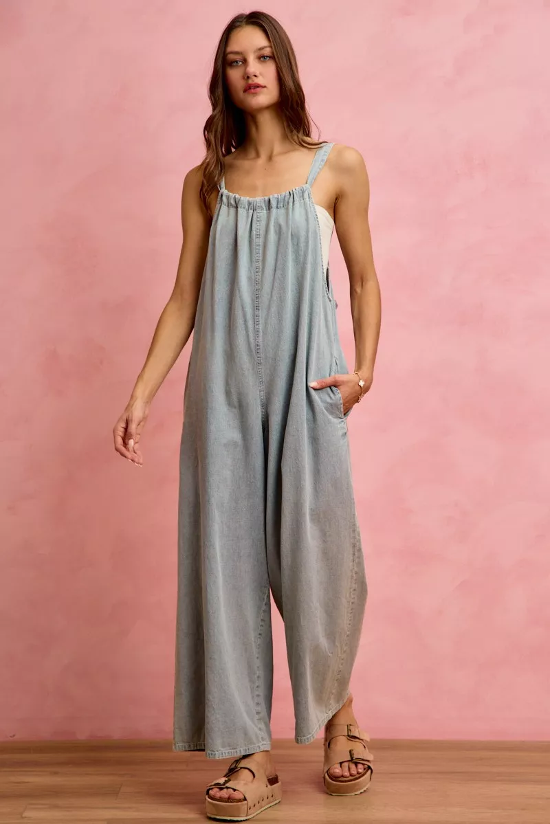 Wide Leg Lightweight Denim Overalls, image 3