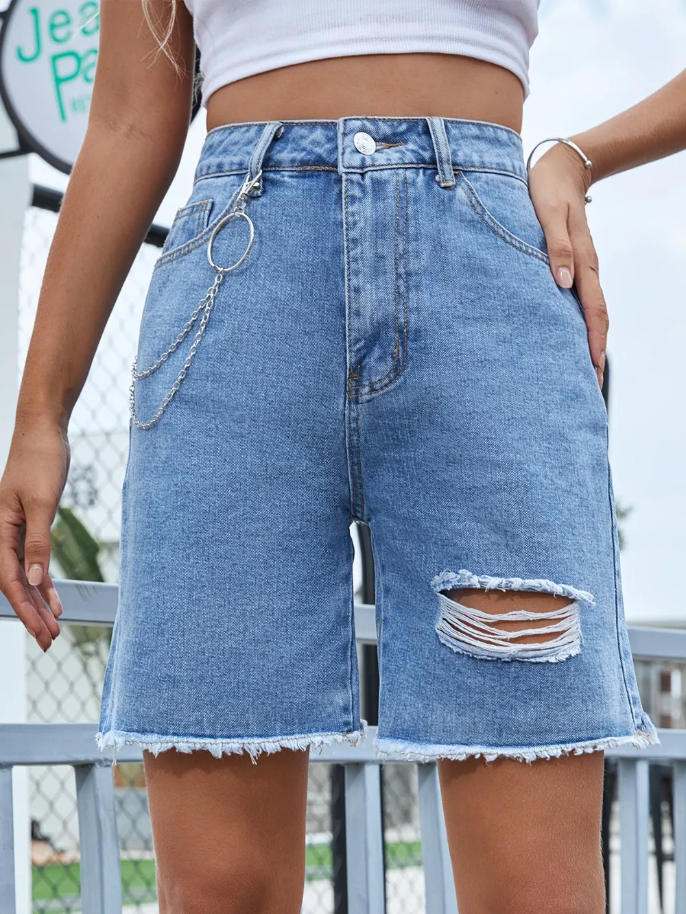 Distressed Raw Hem Denim Shorts, image 9