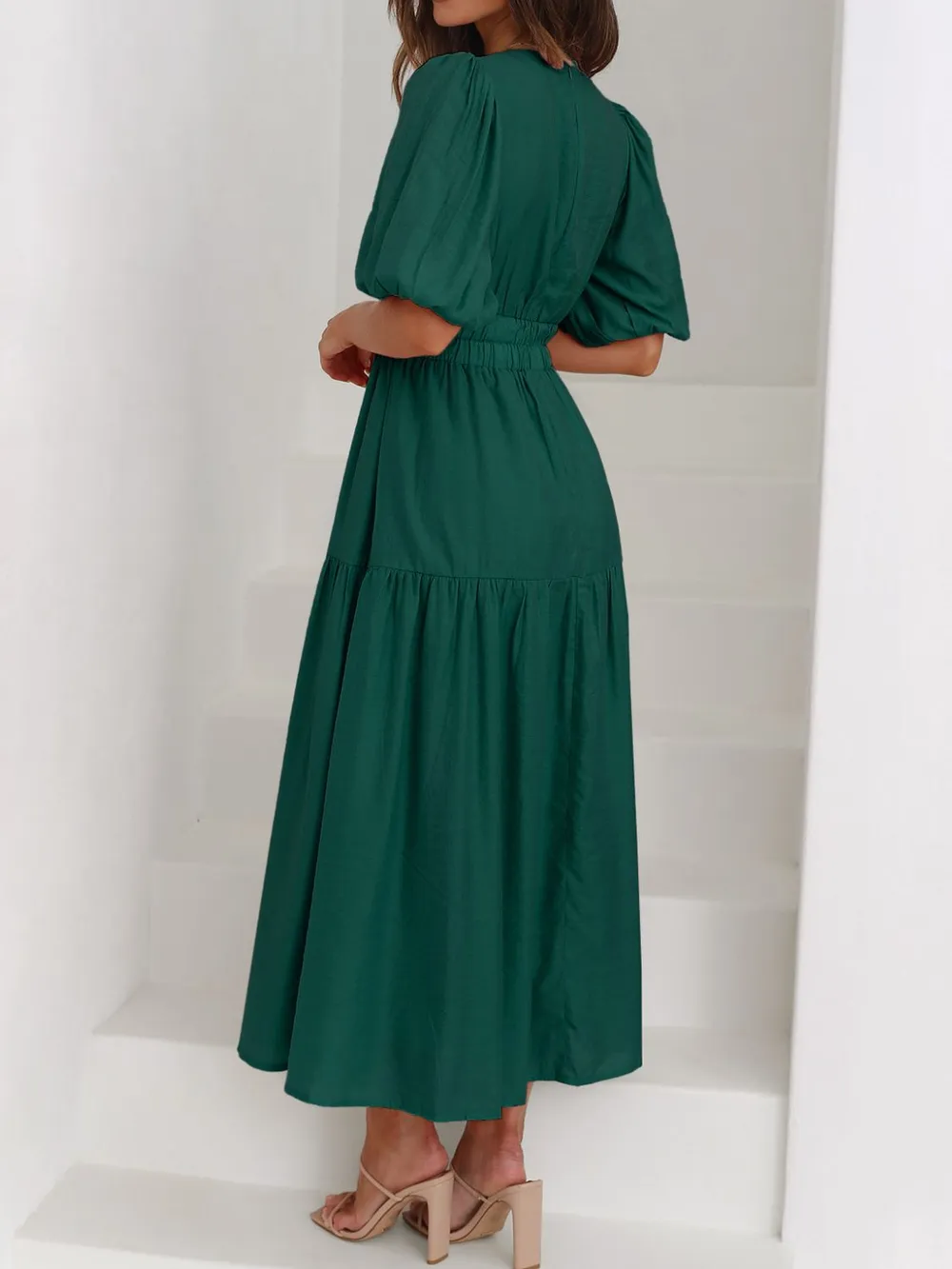 V-Neck Puff Sleeve Midi Dress, image 8