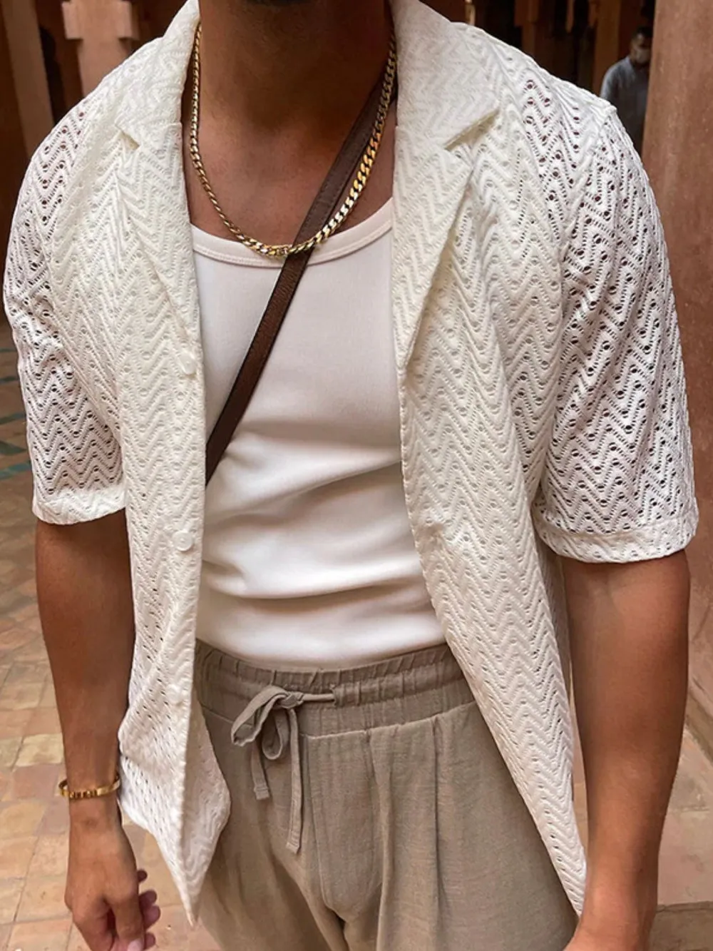 Men's Plus Size Herringbone Eyelet Button Down Knit Shirt, image 6