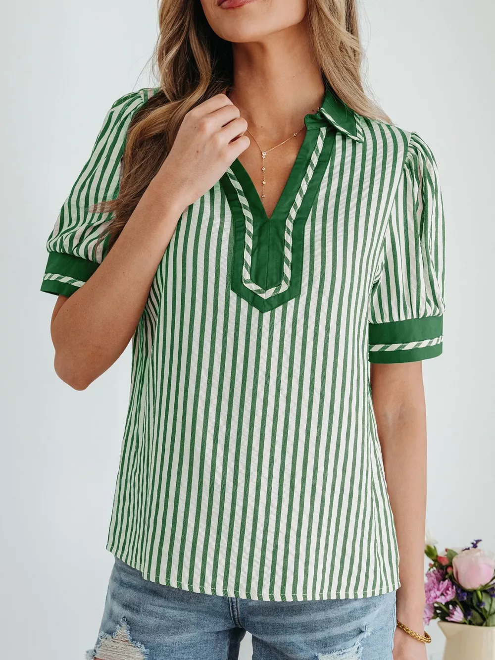 Stripe Collared Split Neck Short Bubble Sleeve Blouse, image 4