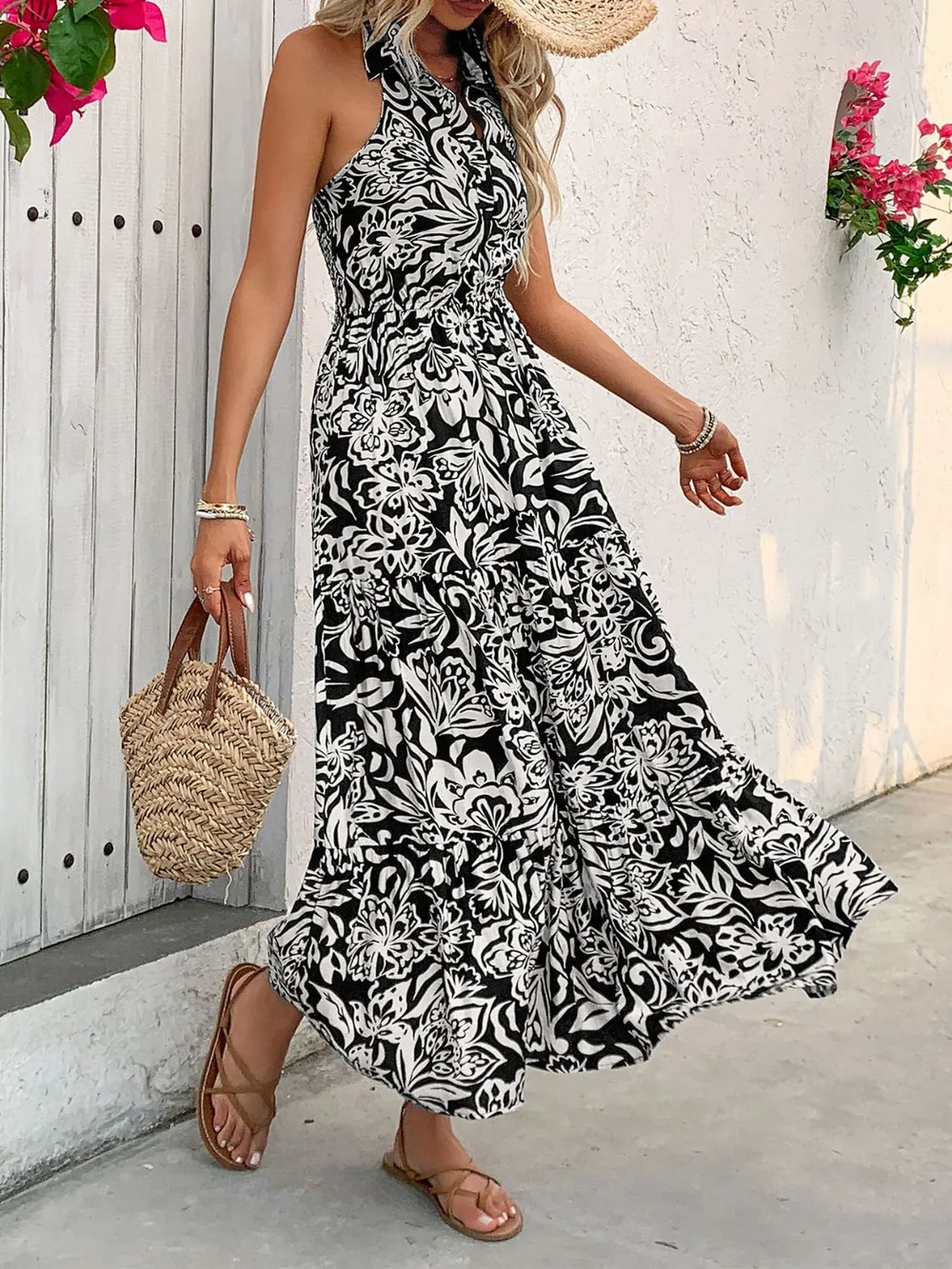 Backless Smocked Printed Sleeveless Midi Dress, image 3