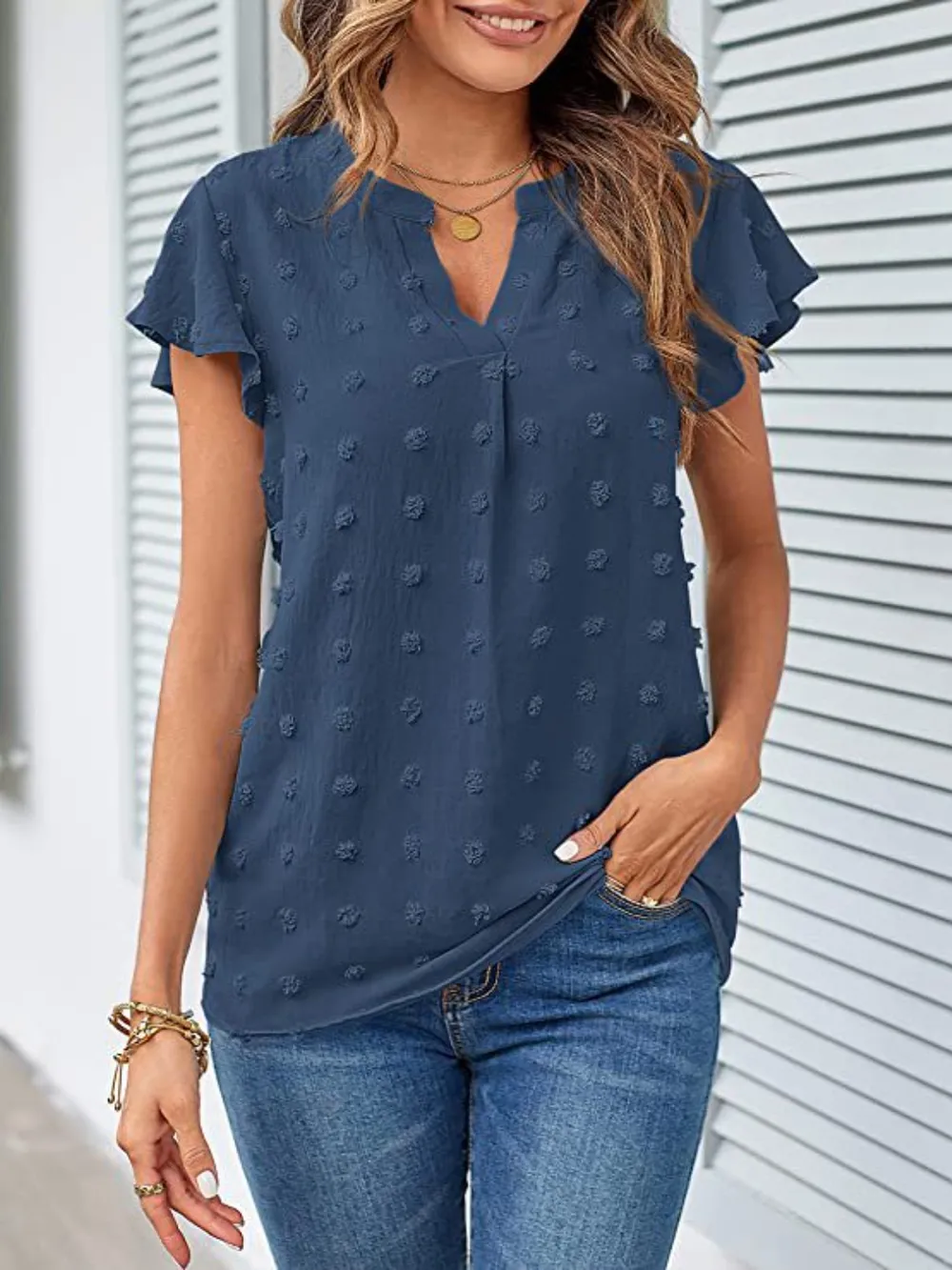 Swiss Dot Notched Cap Sleeve Blouse, image 22