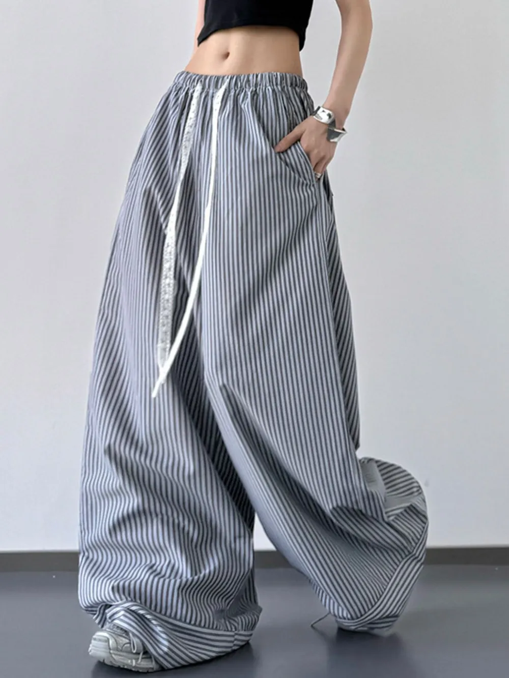 Striped Wide Leg Drawstring Pants, image 4