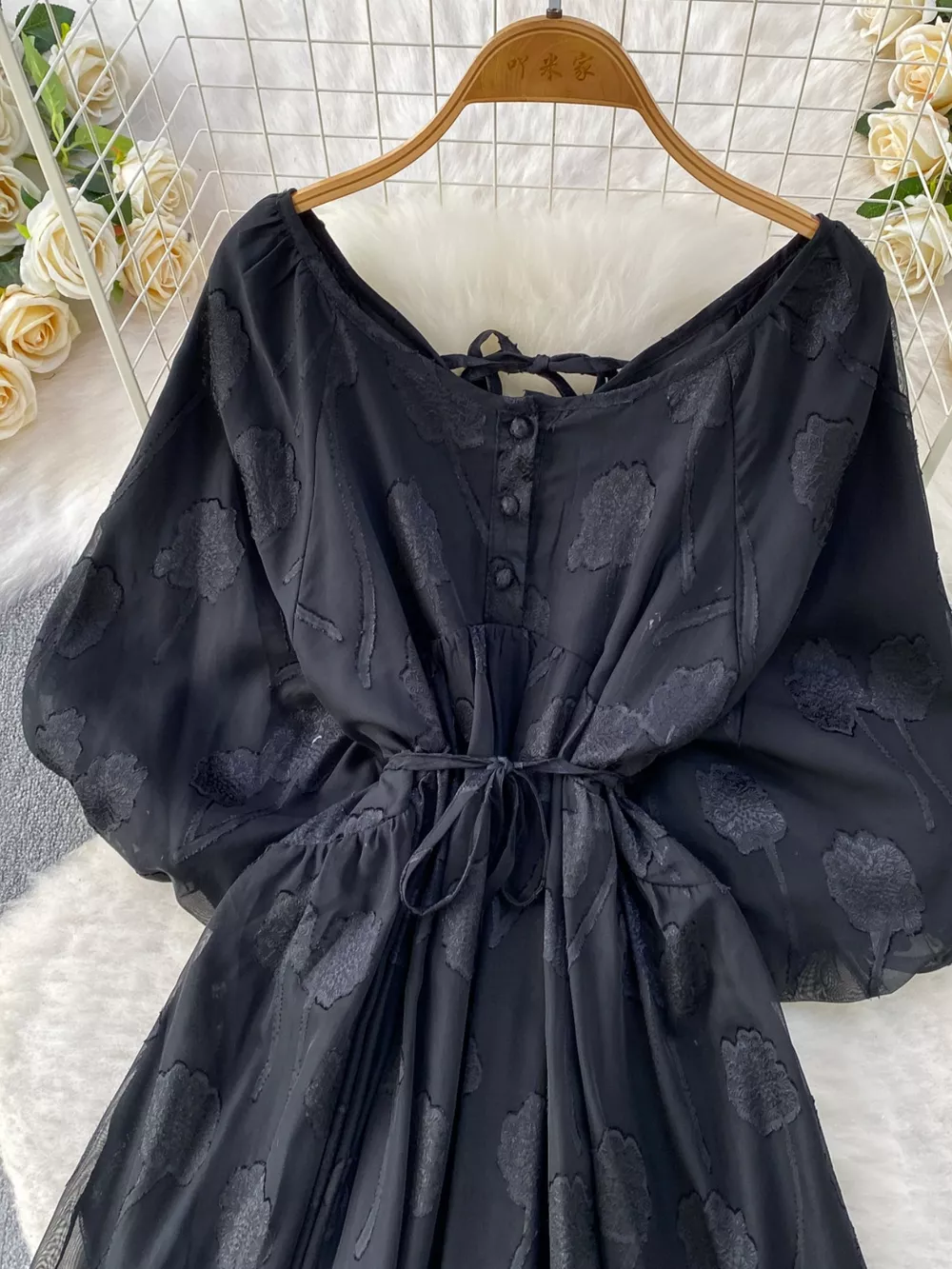 Button Front Puff Sleeve Chiffon Dress, image 9