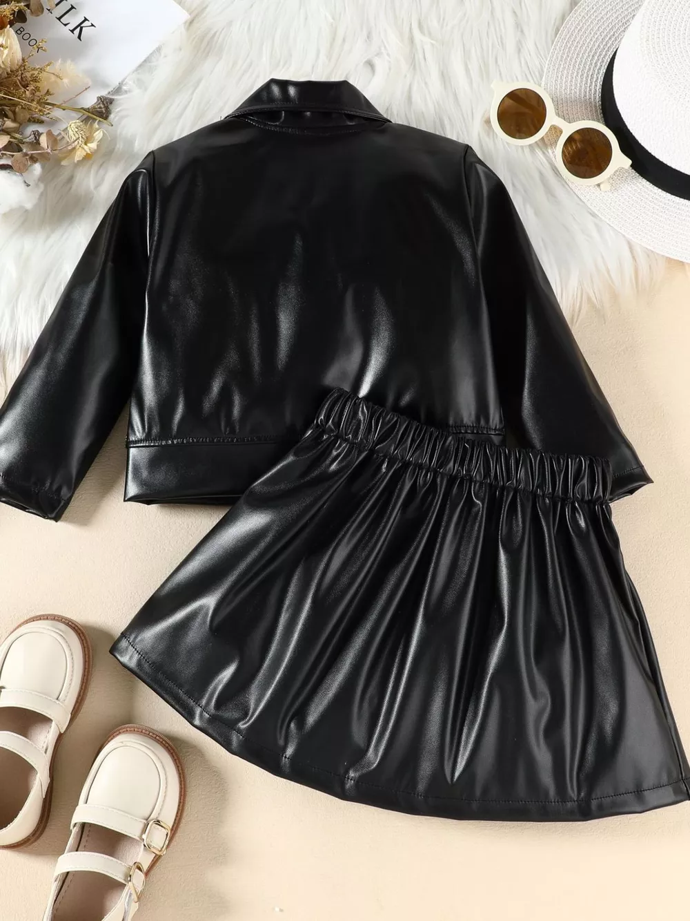 Children's Faux Leather Jacket & Pleated Skirt Set, image 4