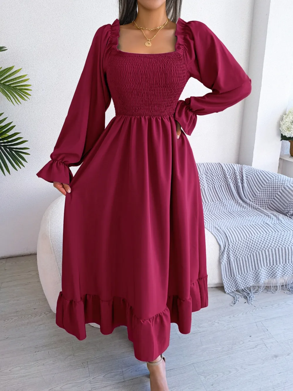 Smocked Square Neck Flounce Sleeve Dress, image 7