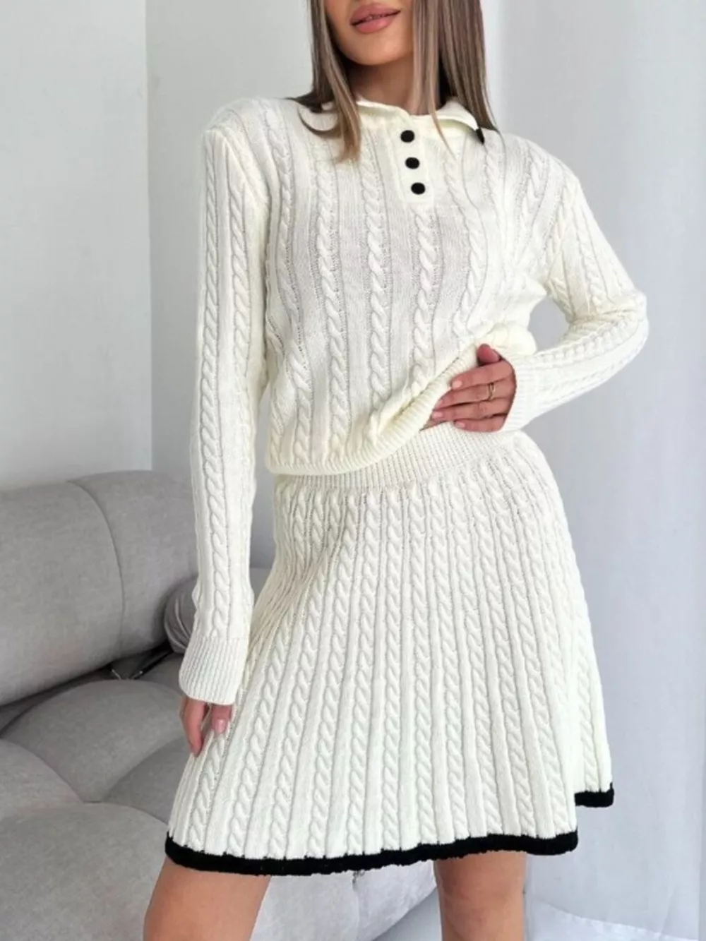 Cable Knit Long Sleeve Top and Skirt Sweater Set, image 2