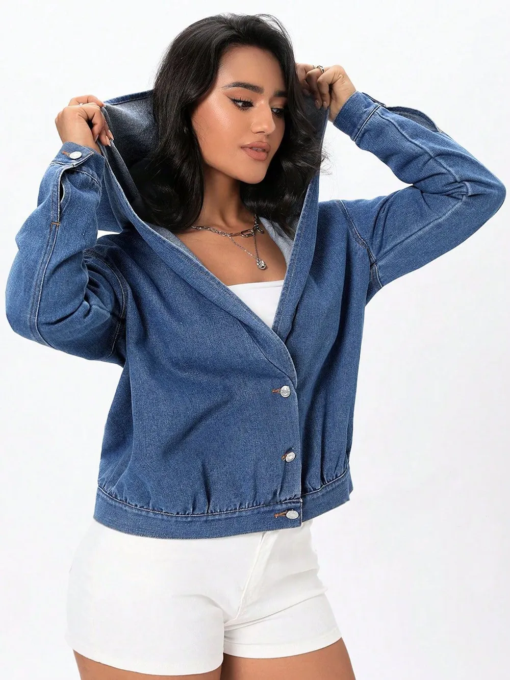 Button Up Hooded Denim Top, image 5