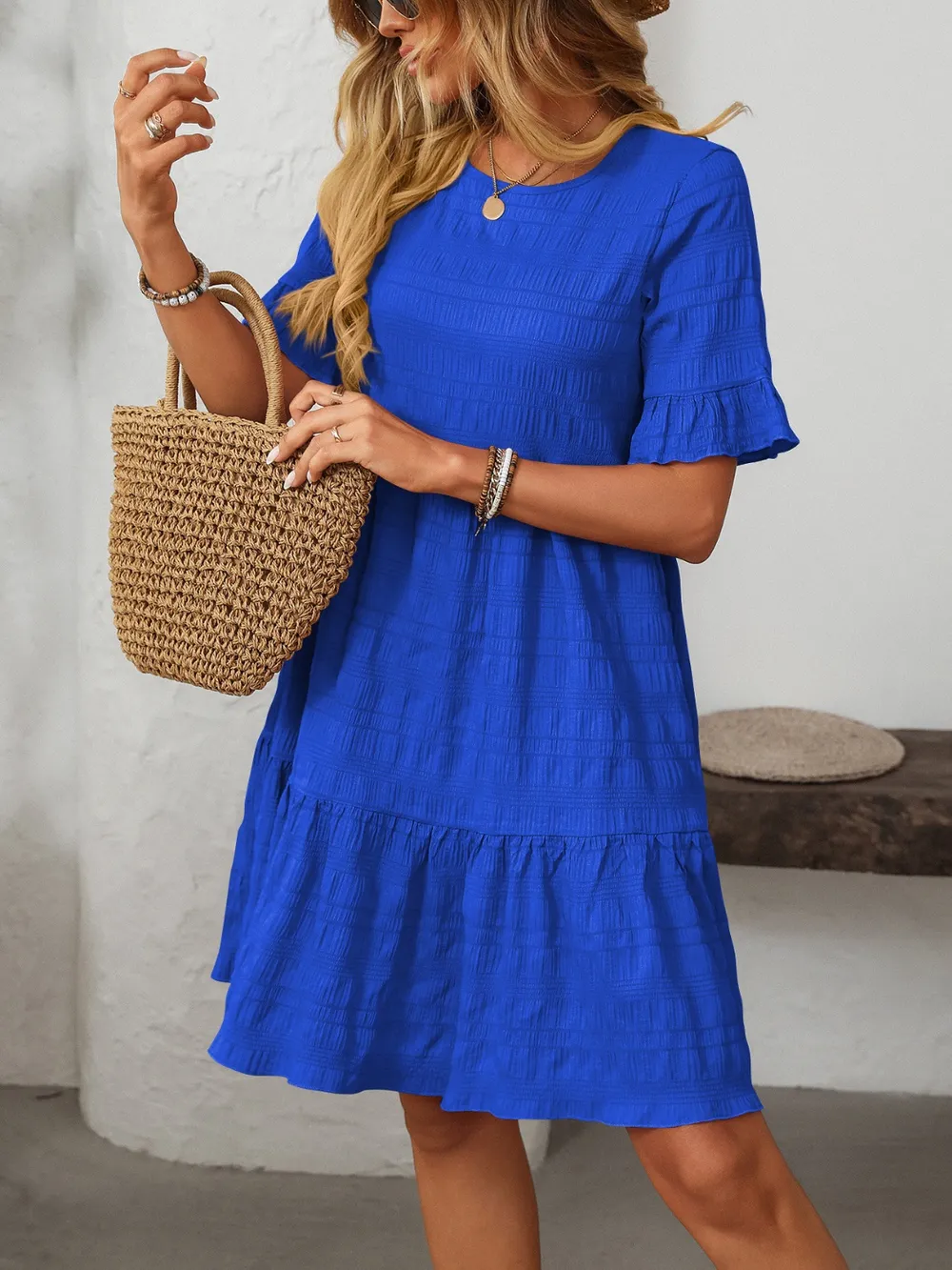 Ruffled Ruched Round Neck Half Sleeve Dress, image 5