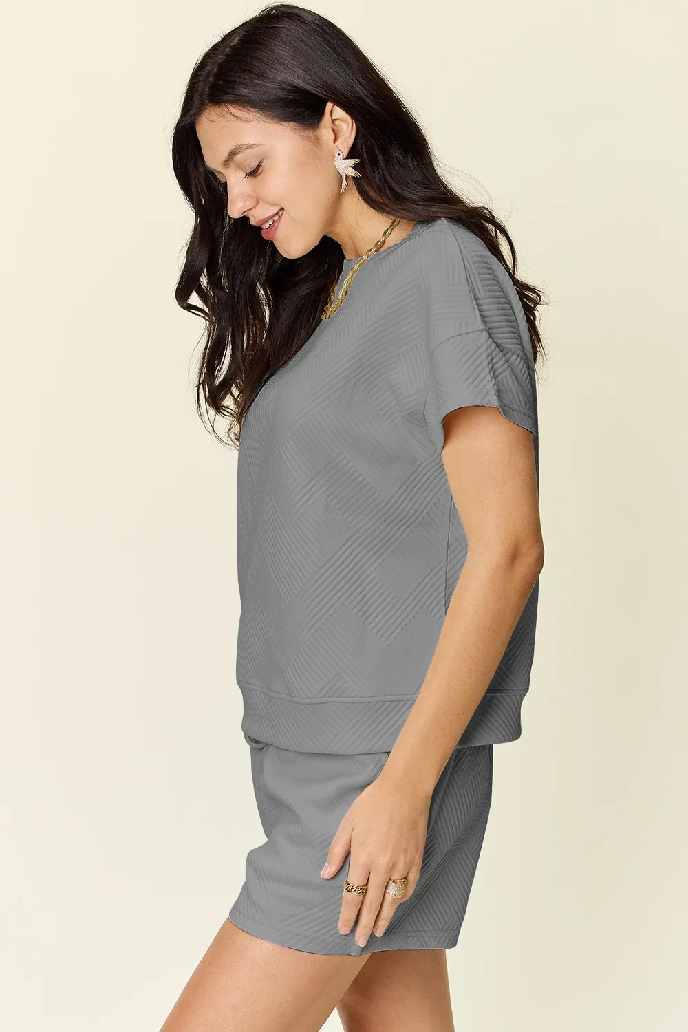 Full Size Texture Short Sleeve T-Shirt and Drawstring Shorts Set, image 11