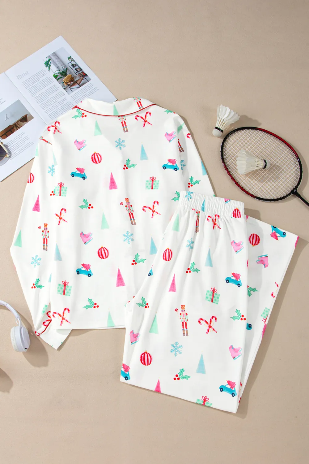 Christmas Printed Collared Neck Top and Pants Lounge Set, image 4