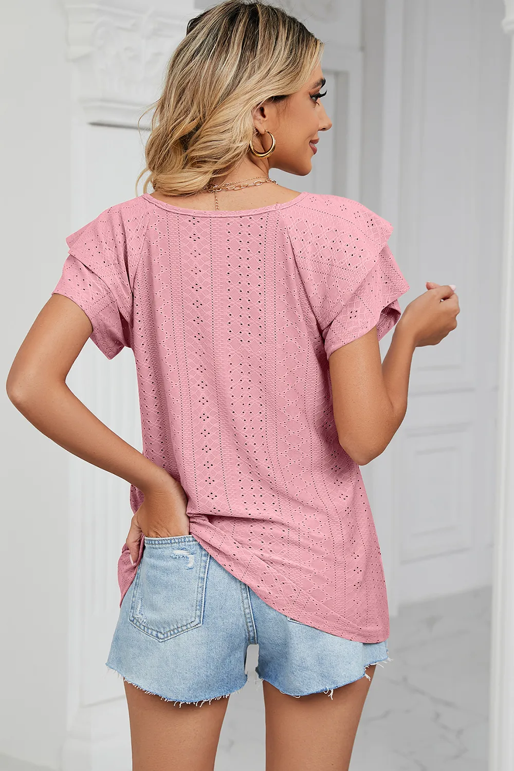 Eyelet V-Neck Short Sleeve T-Shirt, image 9
