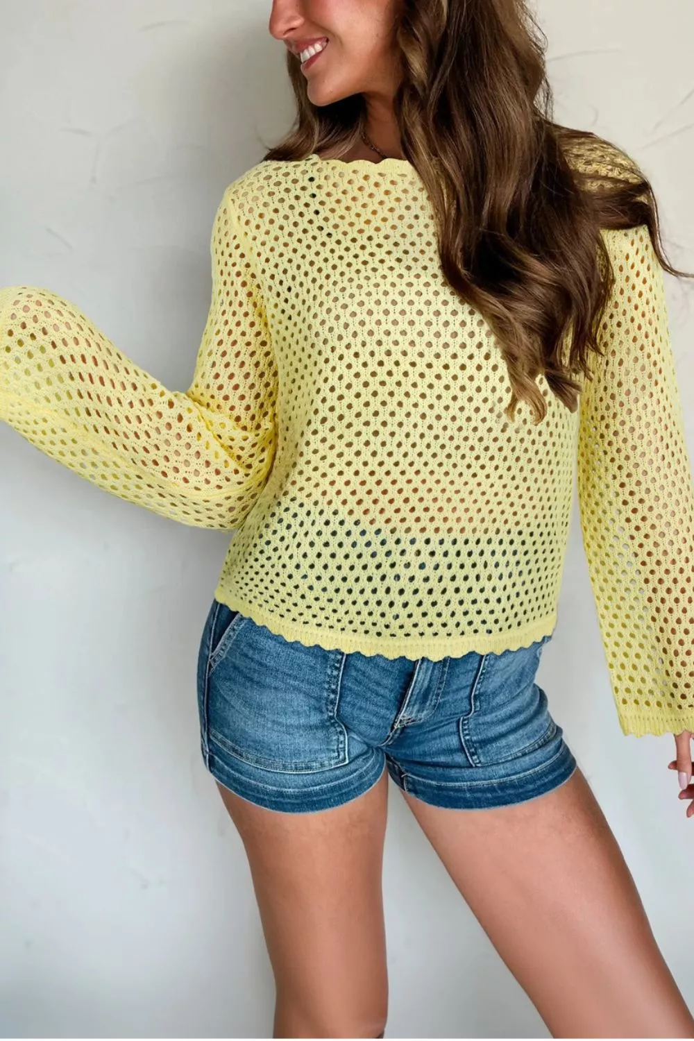 Scalloped Trim Hollow Out Knit Long Sleeve Top, image 2