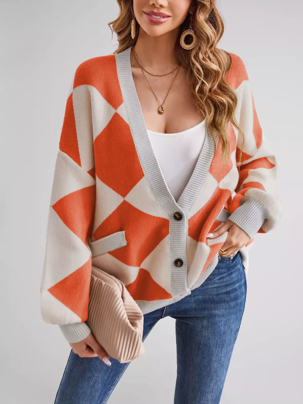 Diamond Pattern Button-Up Knit Cardigan, image 20