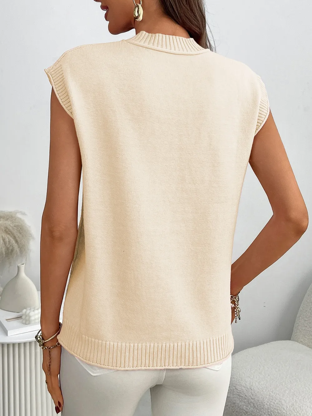 Mock Neck Cap Sleeve Knit Top, image 3