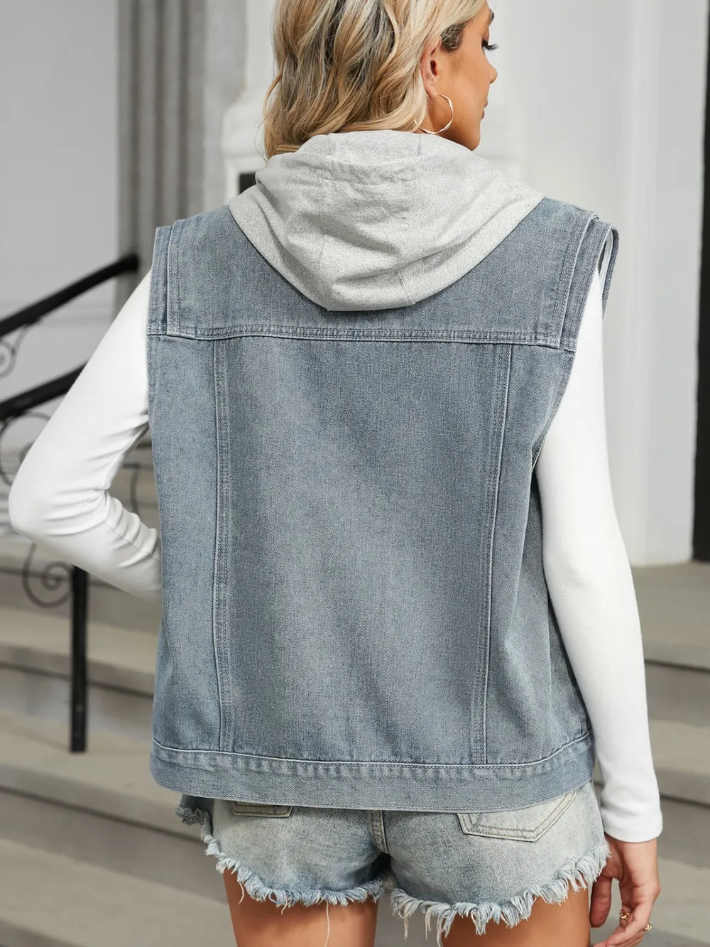 Pocketed Button Up Sleeveless Denim Jacket, image 2