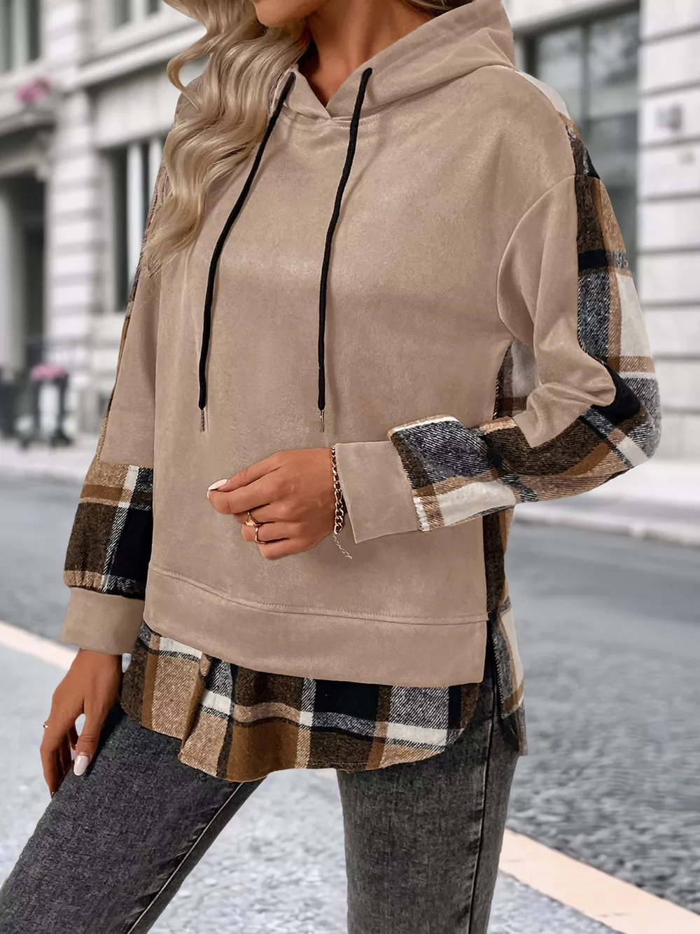 Plaid Drawstring Long Sleeve Hoodie, image 7