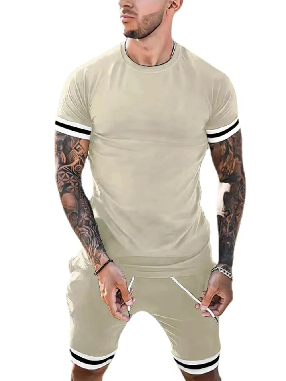 Men's Plus Size Round Neck Short Sleeve Top and Shorts Set, image 8