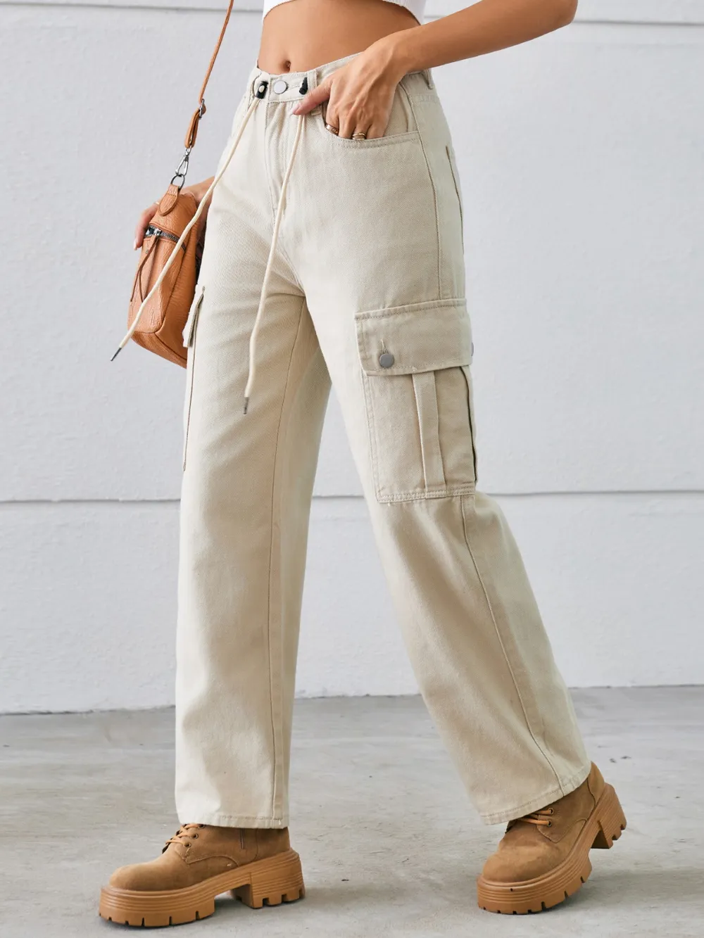 Drawstring Mid-Rise Waist Straight Cargo Jeans, image 7