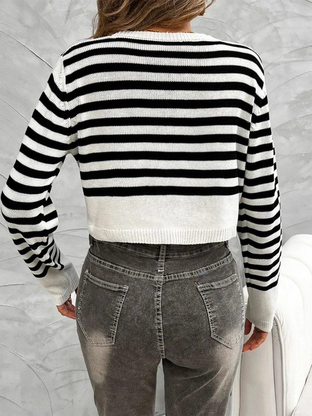Striped Round Neck Button Down Cardigan, image 2