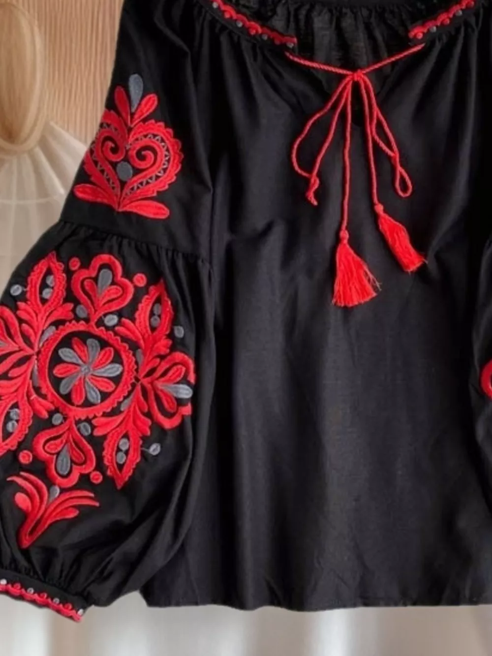 Embroidered Tassel Tie Neck Blouse, image 6