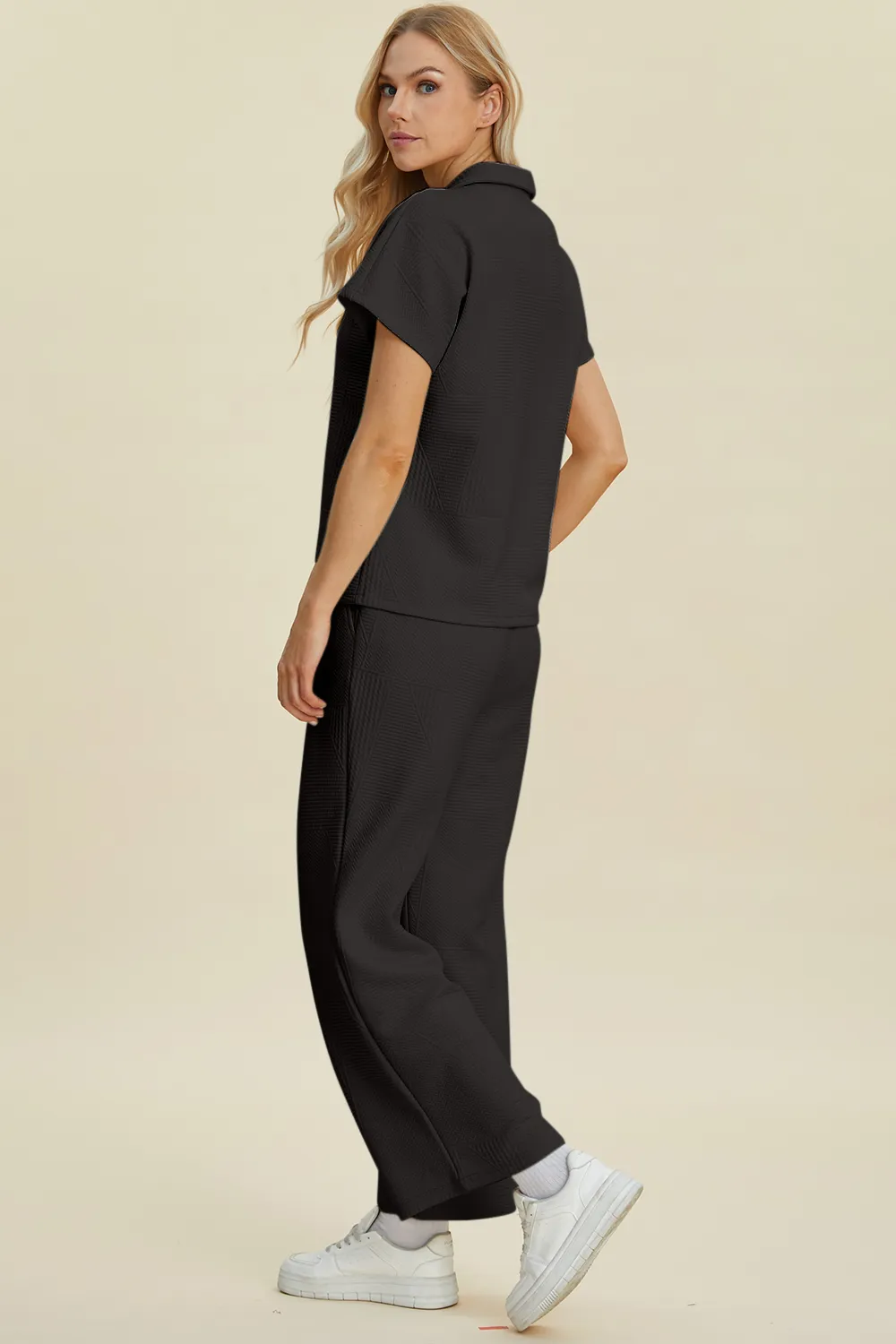 Full Size Collared Neck Short Sleeve Top and Pants Set, image 4