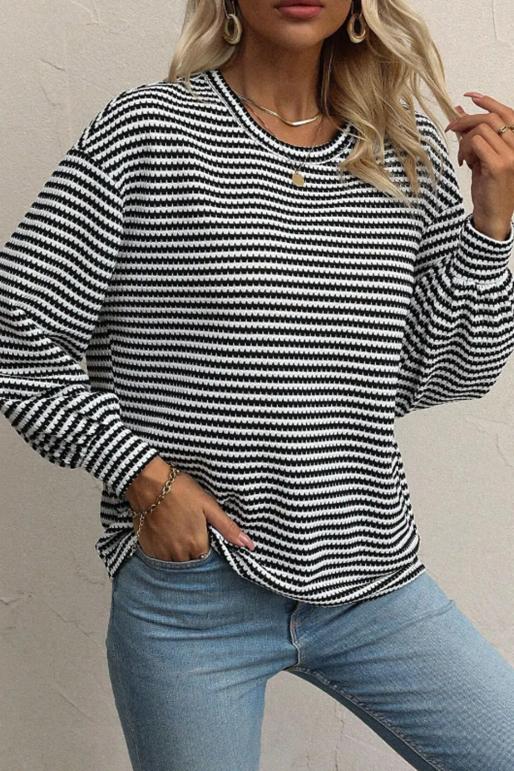 Striped Round Neck Long Sleeve Top, image 4