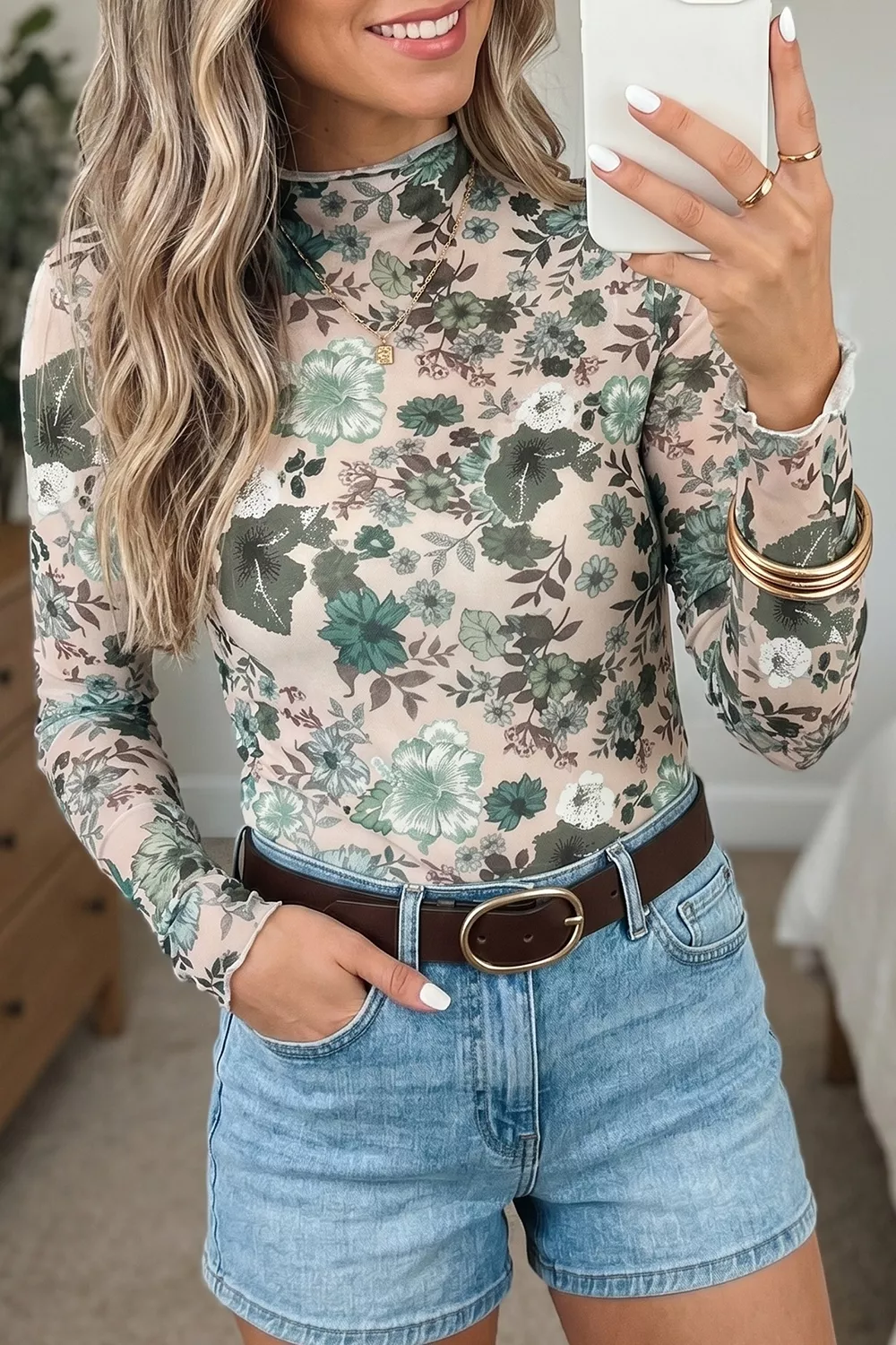 Floral Print Mesh Mock Neck Long Sleeve Top, image 2