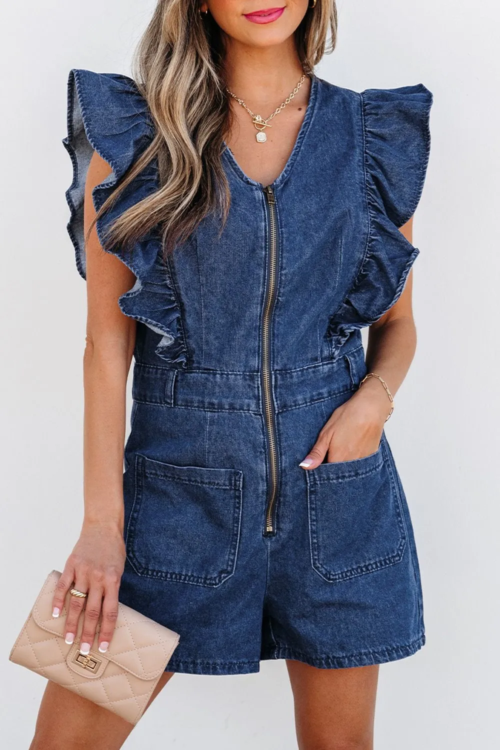 Denim Ruffled Zipped Front Belted Romper, image 3
