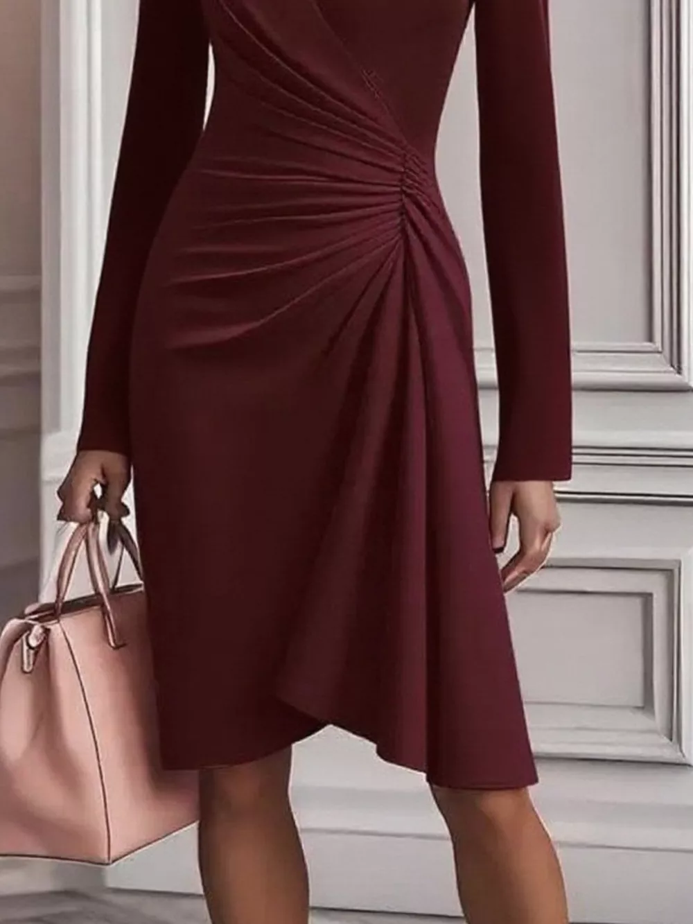 Front Ruched V-Neck Long Sleeve Dress, image 3