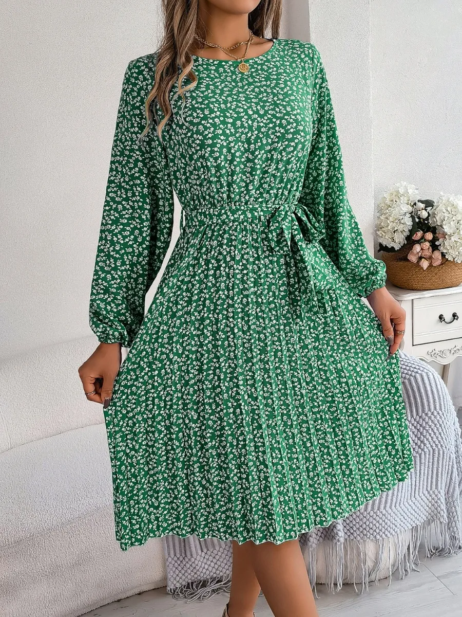Ditsy Floral Tie Waist Pleated Dress, image 22