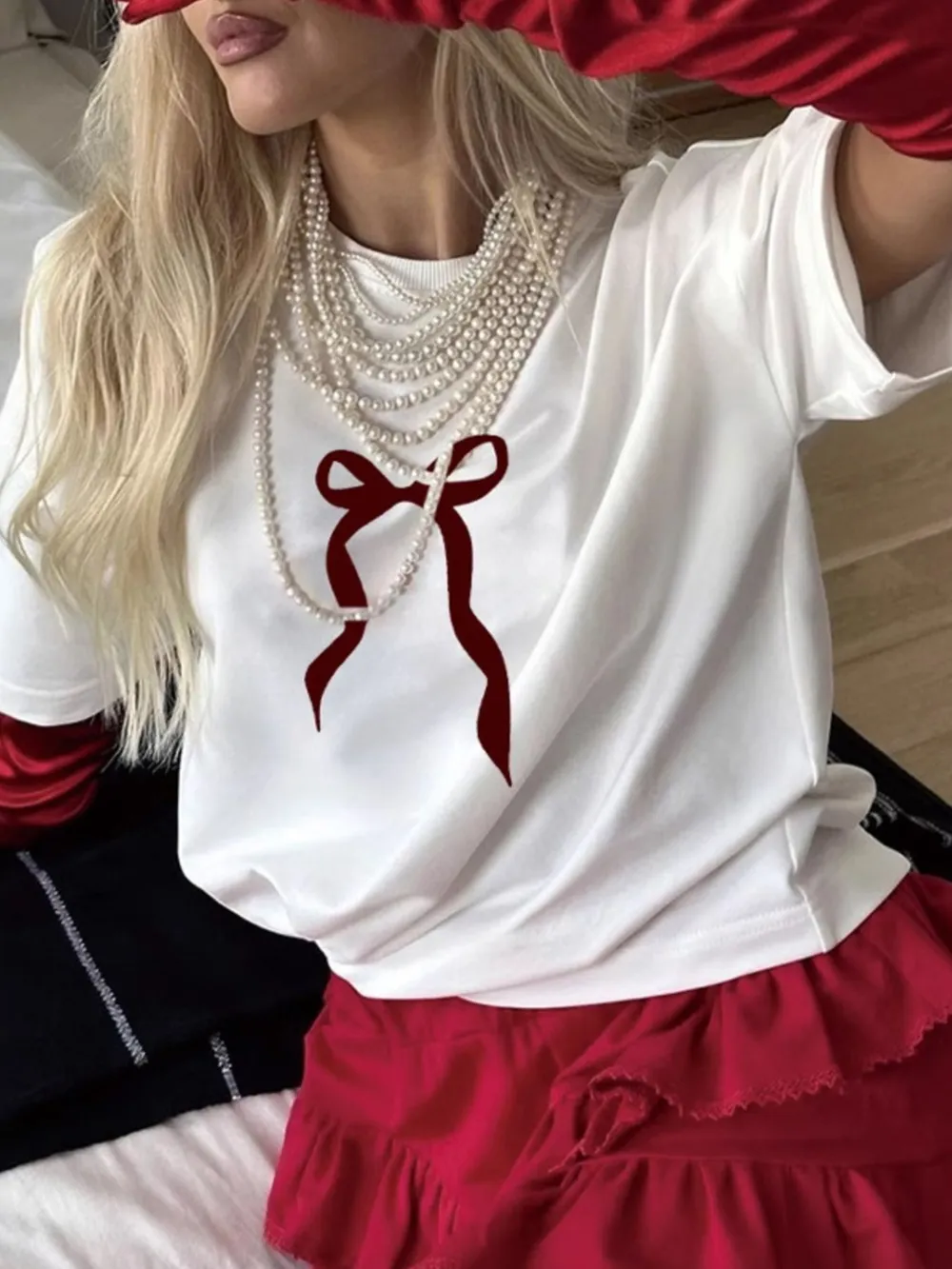 Plus Size Bow Round Neck Short Sleeve T-Shirt, image 3