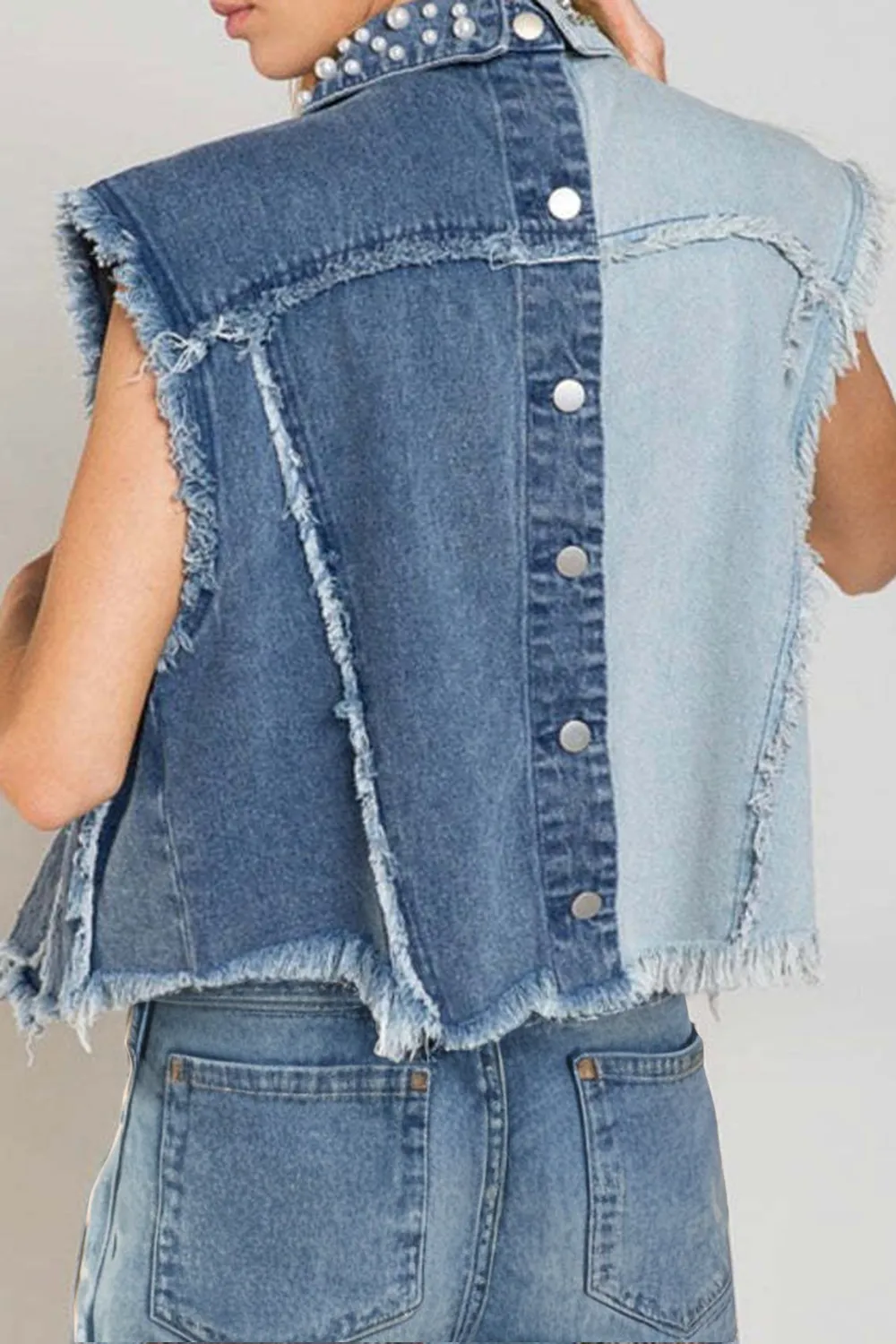 Pearl Raw Hem Sleeveless Denim Jacket, image 2