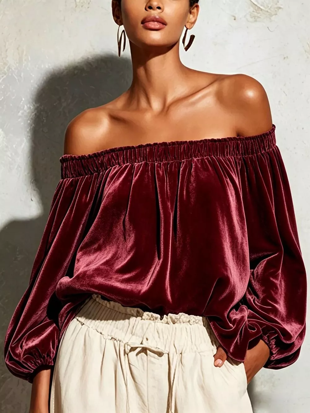 Off-Shoulder Velvet Long Sleeve T-Shirt, image 13
