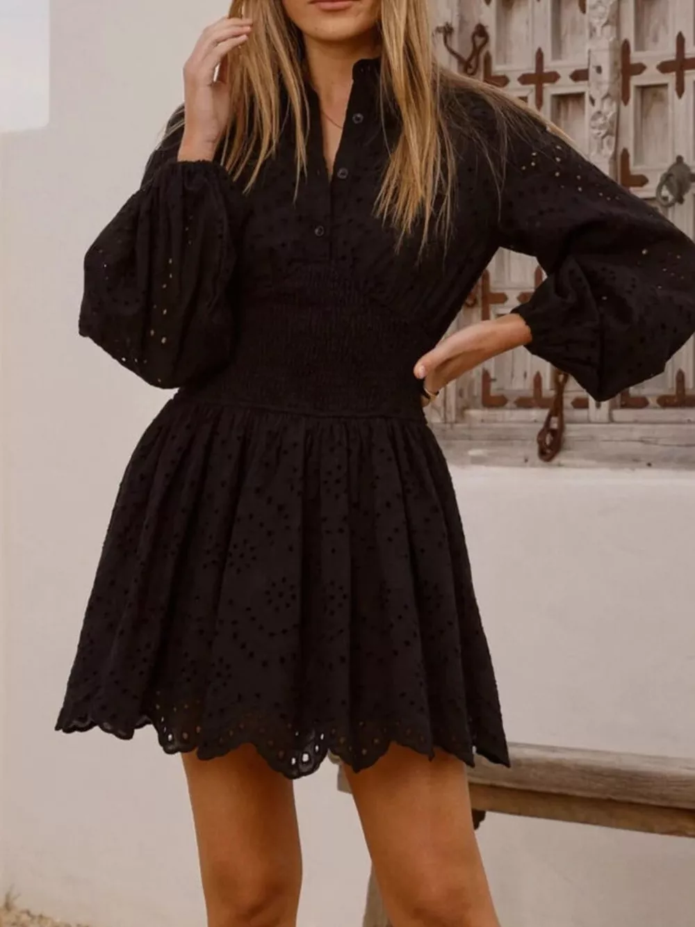 Eyelet Balloon Sleeve Mini Dress, image 9