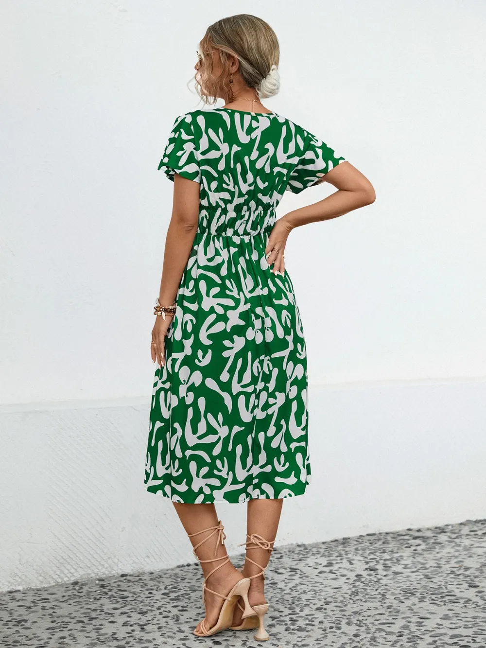 Printed V-Neck Short Sleeve Dress, image 4