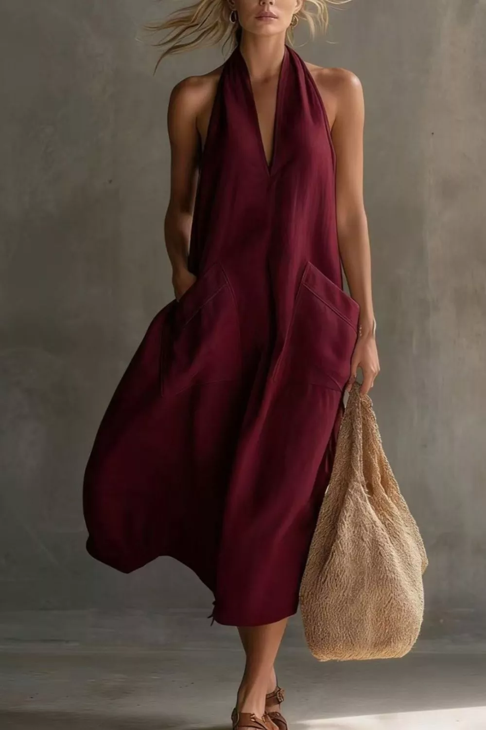 Casual Halter Neck Pocket Midi Dress, image 18