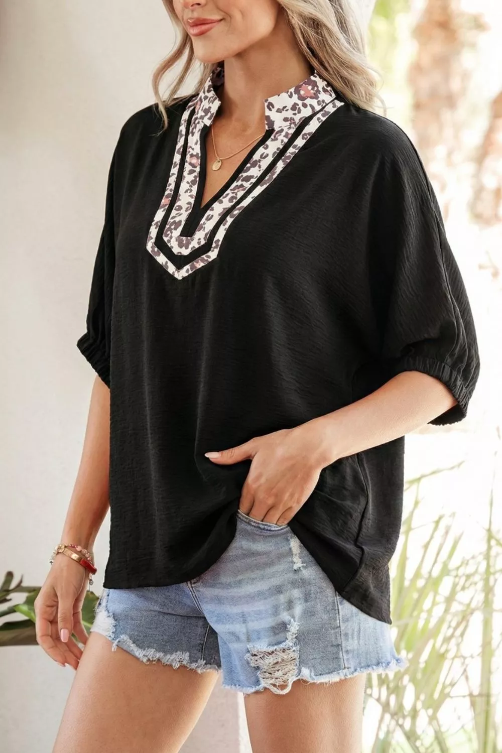 Leopard Accent Notched Neck Plus Size Short Sleeve Top, image 3