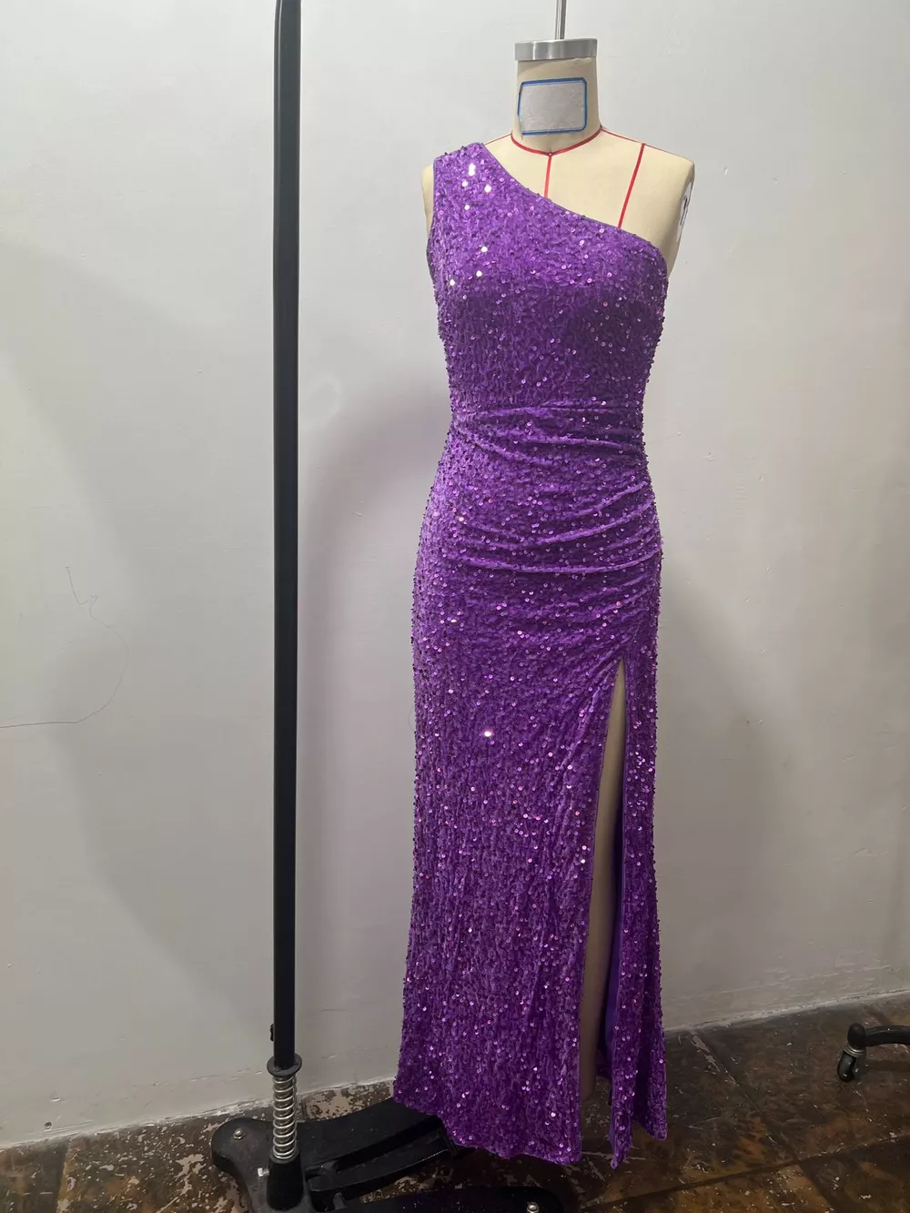 One-Shoulder Ruched Sequin High-Slit Evening Dress, image 43