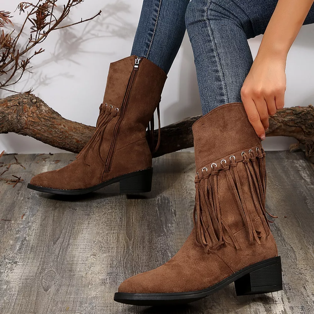 Fringe Western Block Heel Boots, image 11