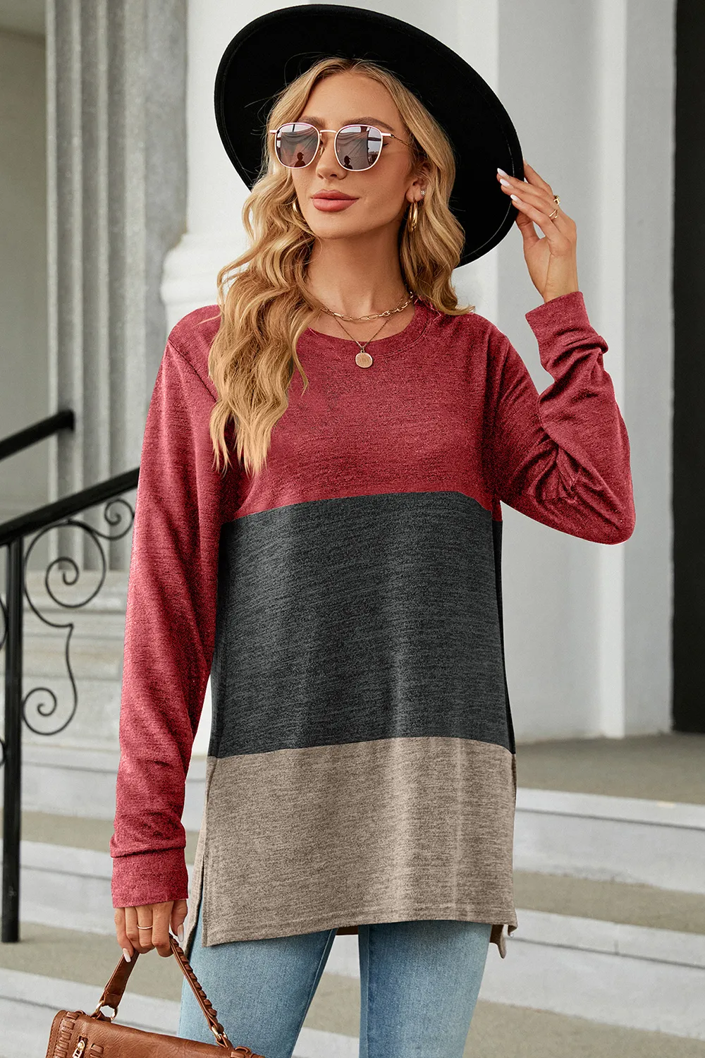 Color Block Round Neck Long Sleeve T-Shirt, image 2